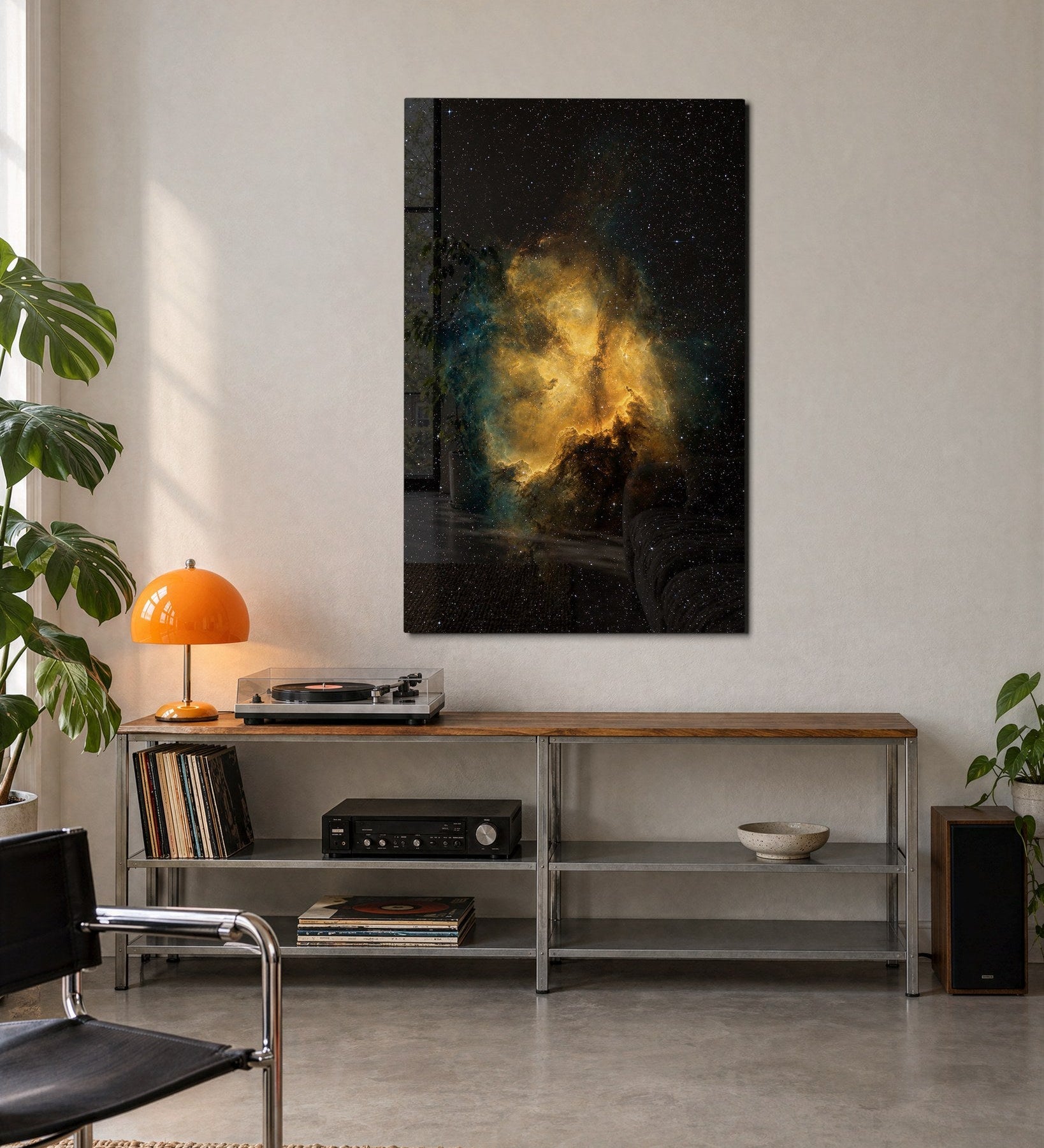 Golden Cloud and Black Sky glass wall art by Artdesigna featuring a vibrant, abstract design for modern home decor.