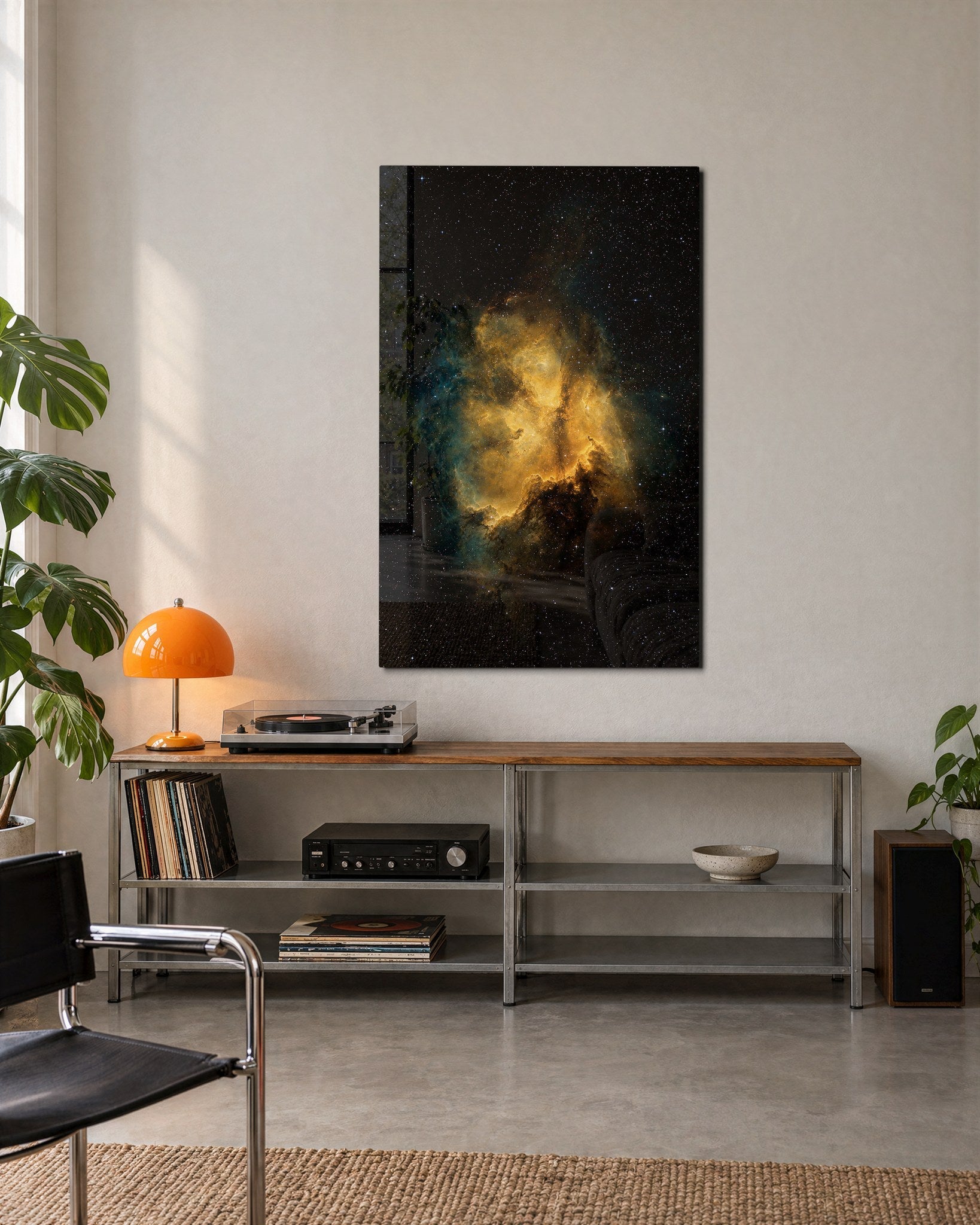 Golden Cloud, Black Sky glass wall art by Artdesigna, lifestyle view