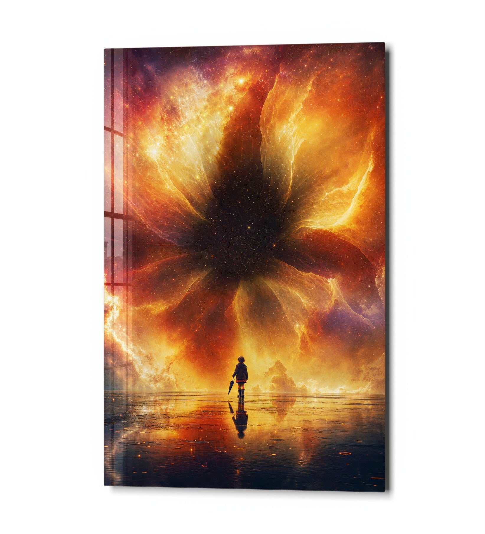 Small Fire Sky glass wall art figure by Artdesigna featuring vibrant, fiery colors in a sleek, modern design for wall decor.