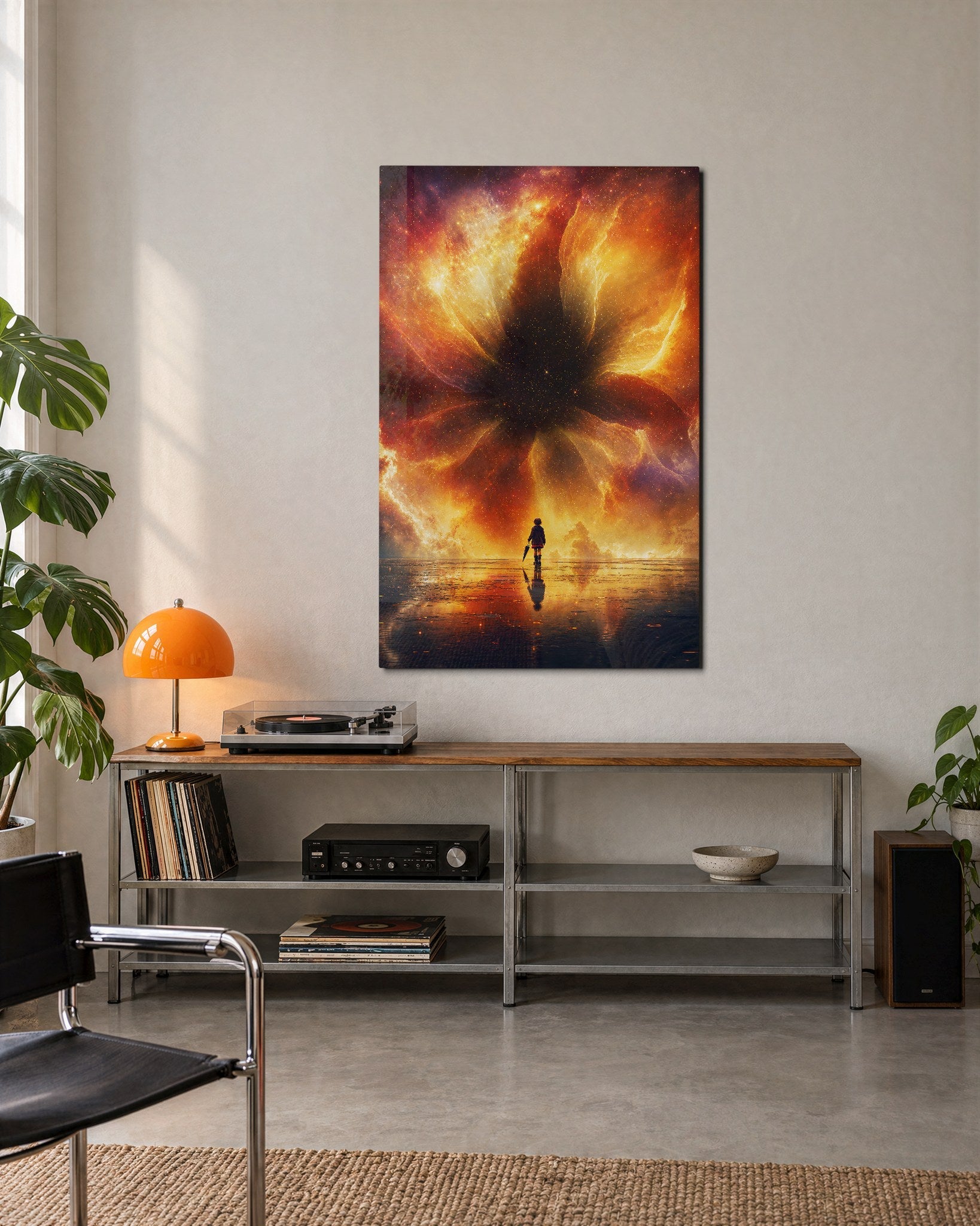 Fire Sky, Small Figure glass wall art by Artdesigna, lifestyle view