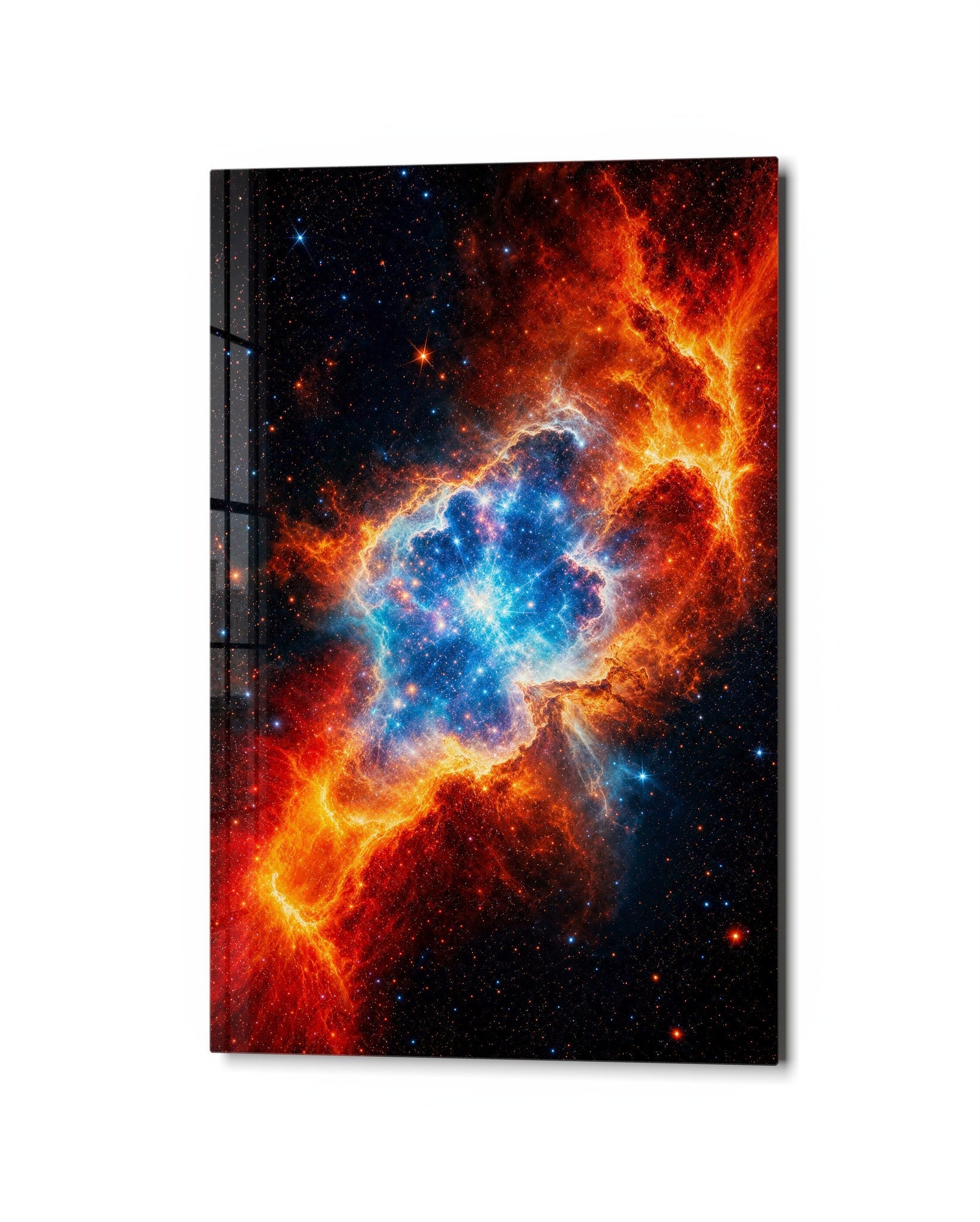 Cobalt Core glass wall art by Artdesigna featuring a vibrant, abstract cobalt blue design on clear glass panel.