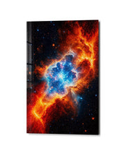 Cobalt Core glass wall art by Artdesigna featuring a vibrant, abstract cobalt blue design on clear glass panel.