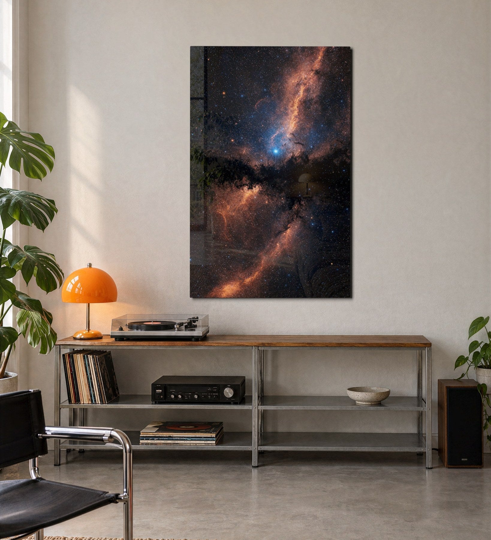 Milky Way Orange glass wall art by Artdesigna featuring vibrant orange and blue galaxy design for modern home decor.