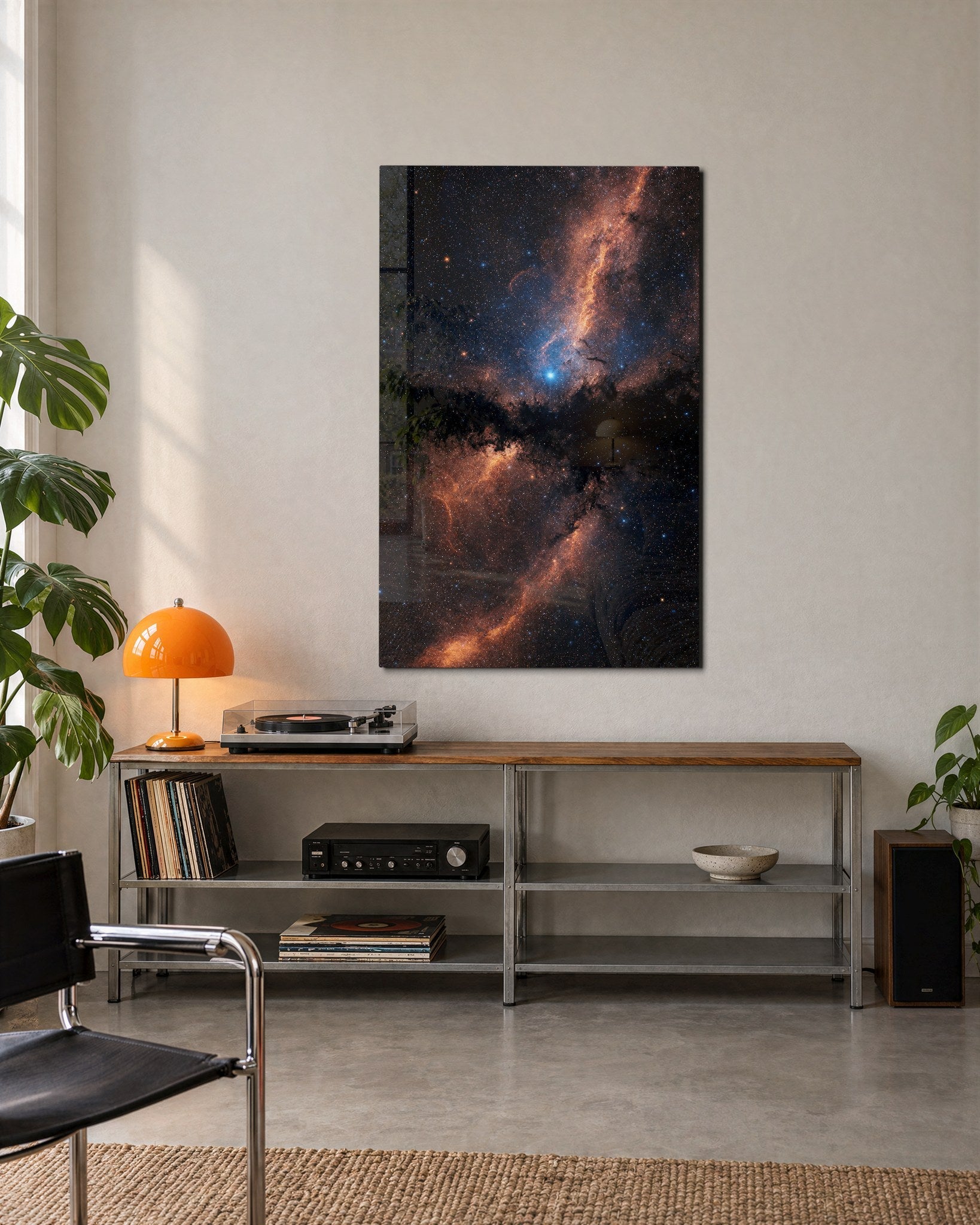 Milky Way Orange glass wall art by Artdesigna featuring vibrant orange and blue galaxy design for modern home decor.