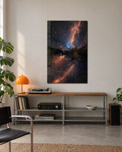 Milky Way Orange glass wall art by Artdesigna featuring vibrant orange and blue galaxy design for modern home decor.