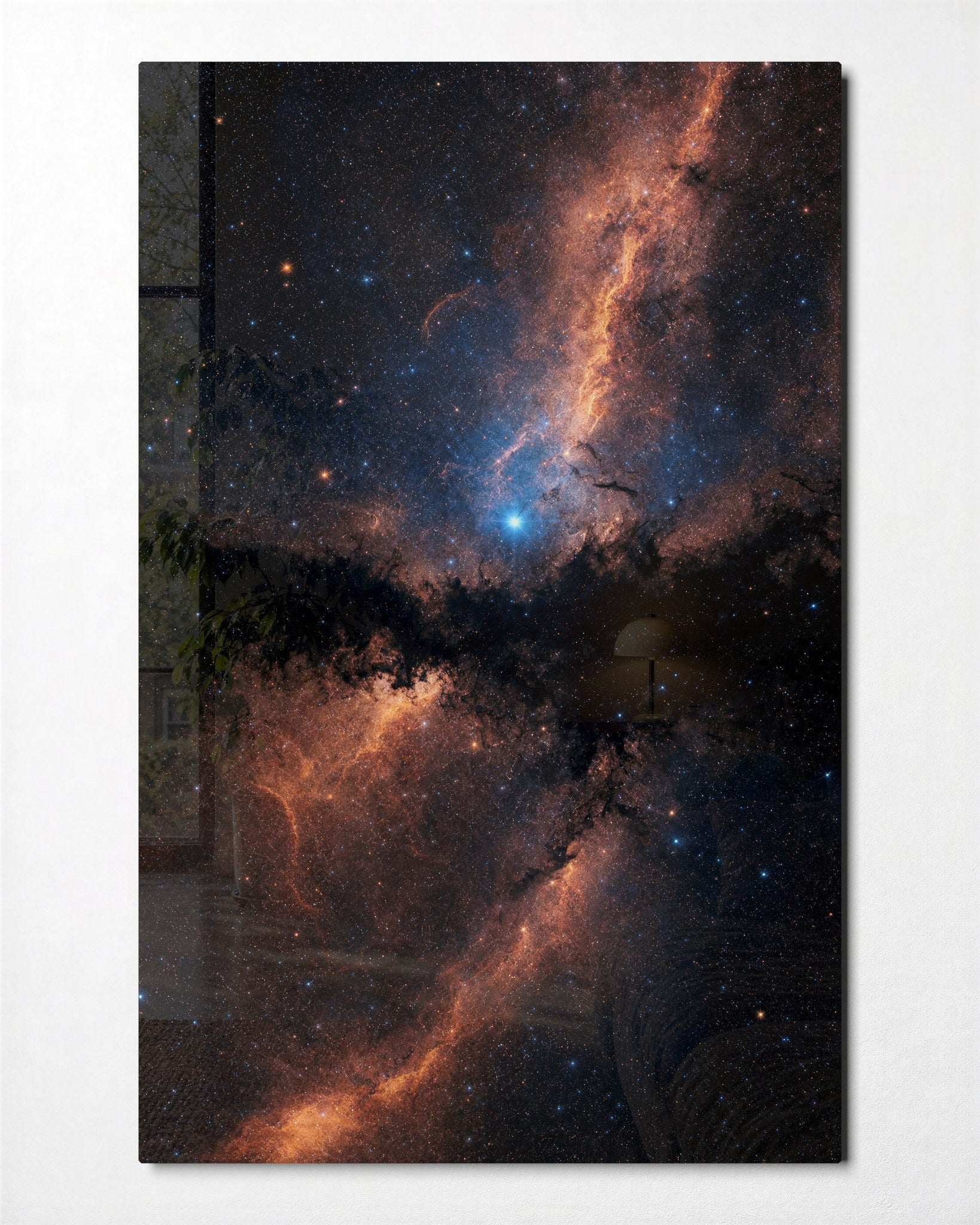 Glass wall art featuring a Milky Way orange design by Artdesigna, showcasing vibrant orange and celestial-inspired glass artwork.