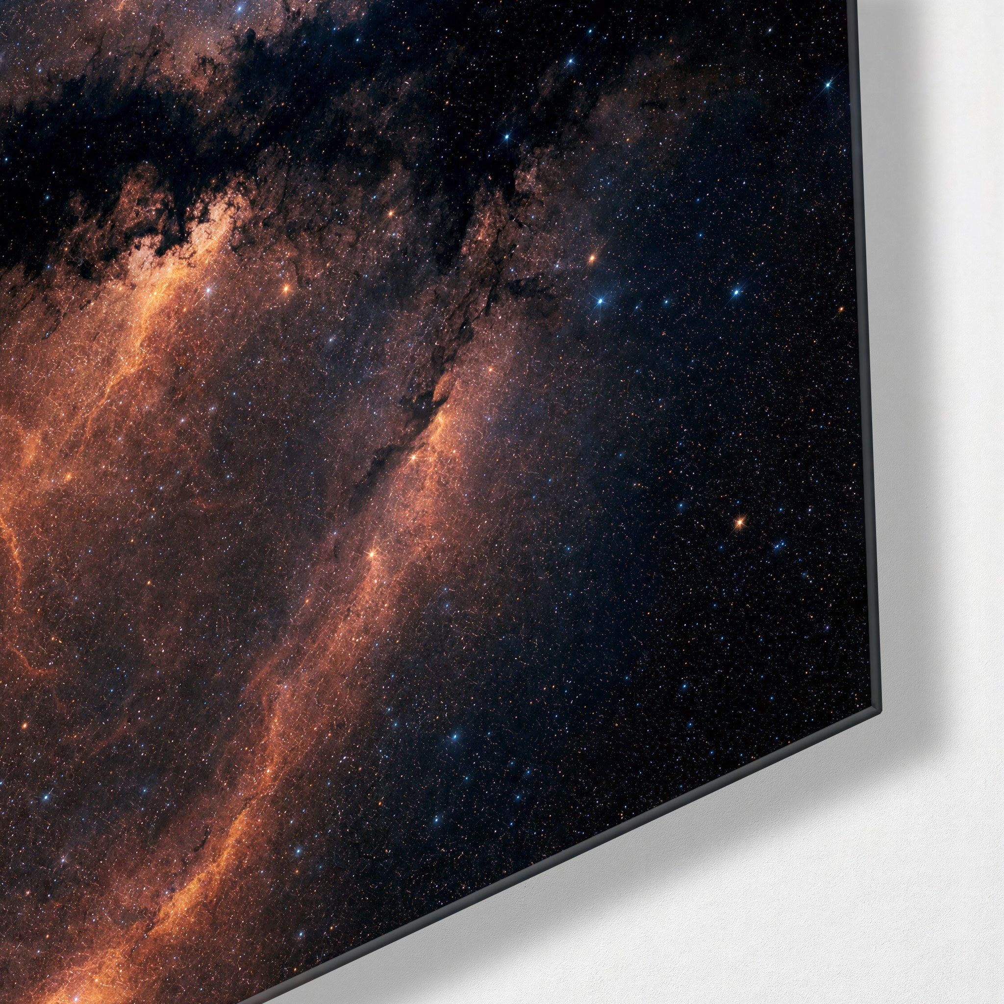 Colorful Milky Way Orange glass wall art by Artdesigna showing vibrant orange and blue galaxy design with a sleek glass finish.