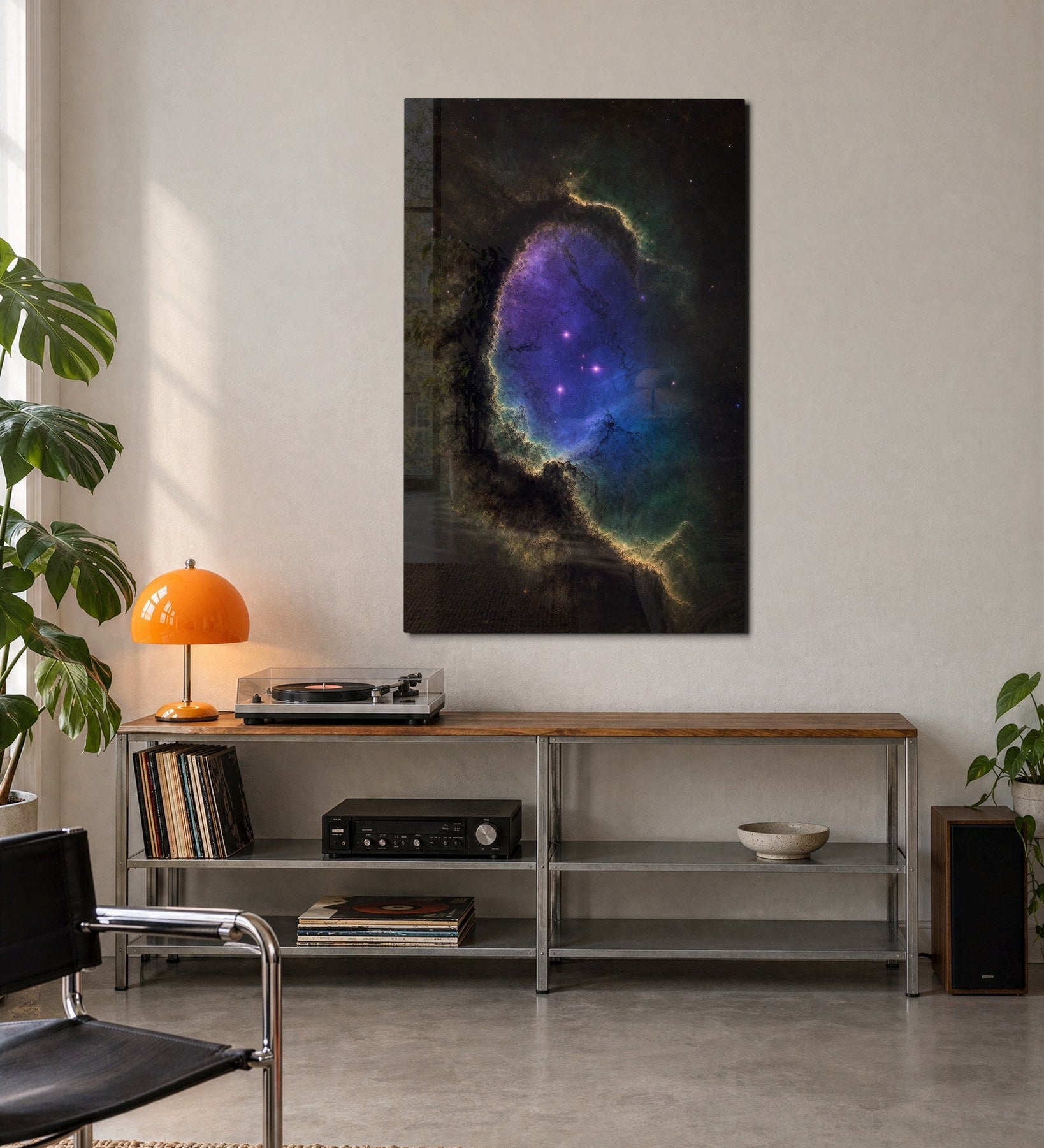 Glass wall art titled "Window in the Clouds" by Artdesigna, featuring a scenic cloudy sky view through a window frame in a stylish display.