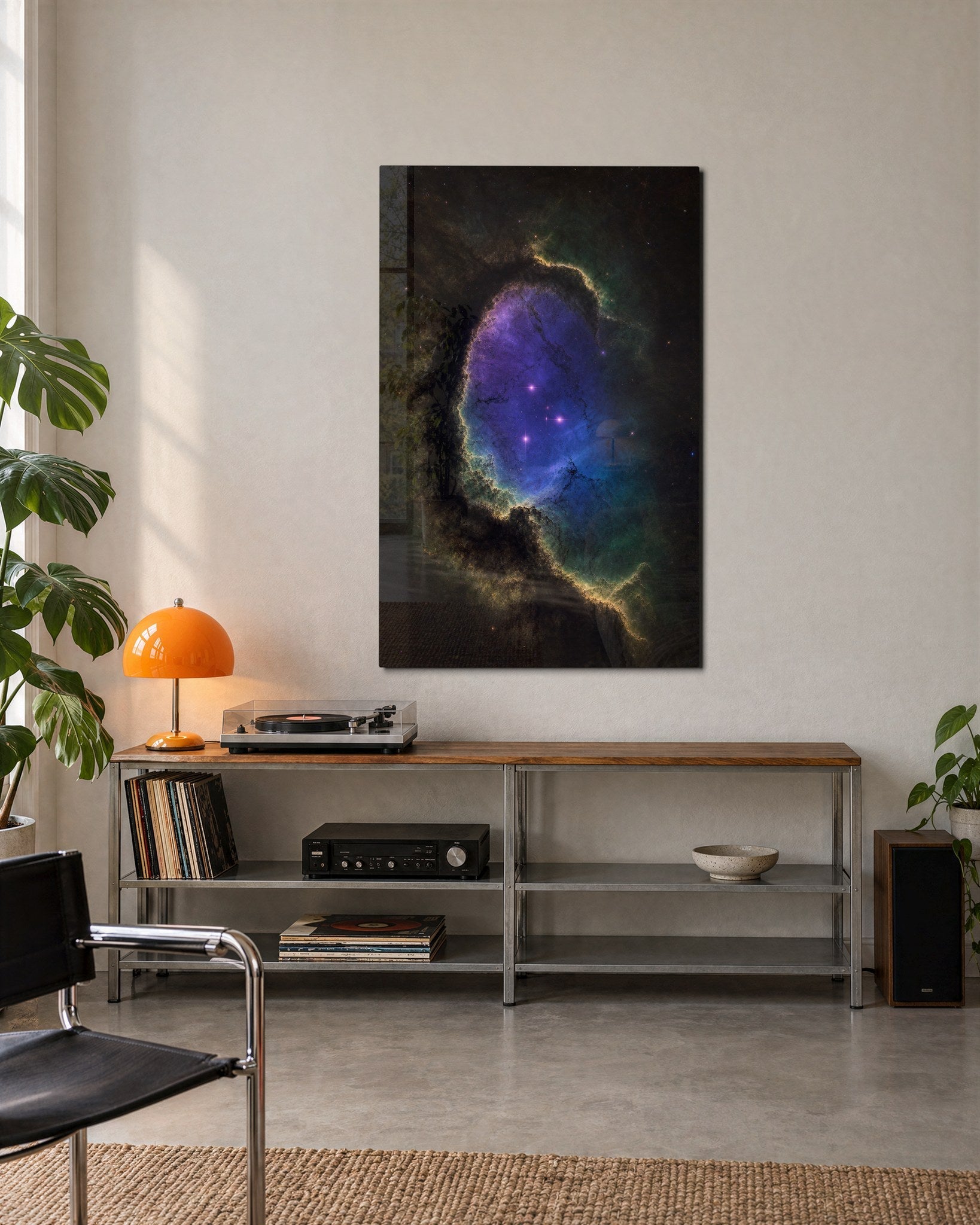 Glass wall art titled "Window in the Clouds" by Artdesigna, featuring a scenic cloudy sky view through a window frame in a stylish display.