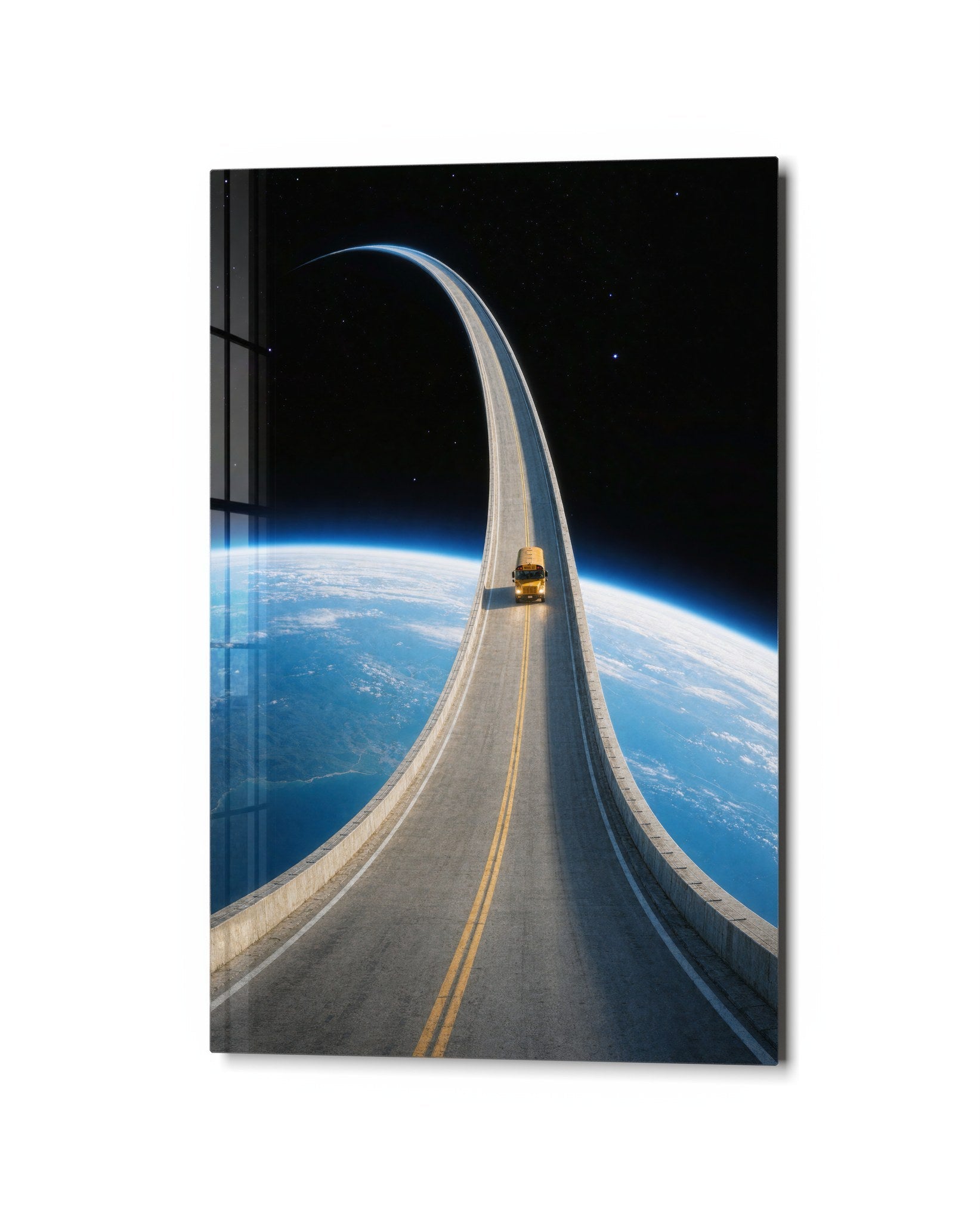 Glass wall art featuring a playful little truck and big orbit design by Artdesigna, mounted on a sleek wall surface.