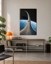 Glass wall art featuring a playful little truck and big orbit design by Artdesigna, displayed on a modern wall.