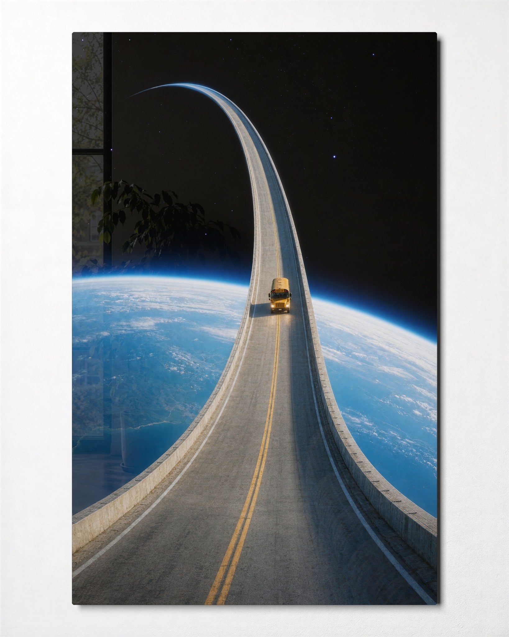 Artdesigna glass wall art featuring a whimsical little truck and big orbit design, vibrant colors, and modern wall decor.