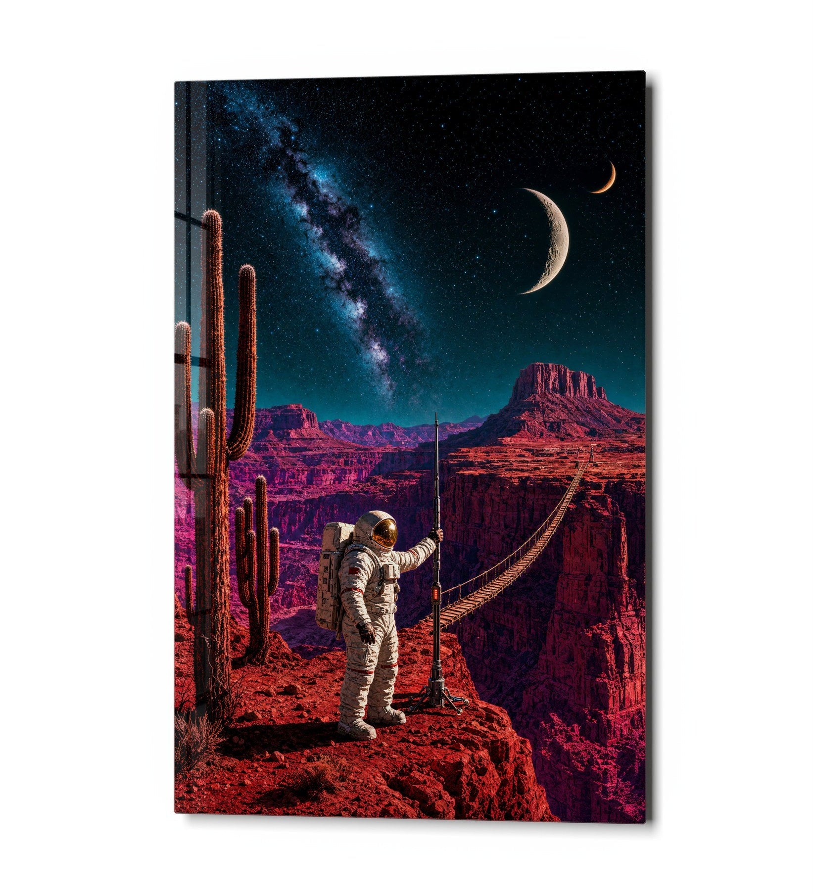 Red Canyon Rope Bridge glass wall art by Artdesigna featuring a vibrant, detailed depiction of a rope bridge scene on clear glass.