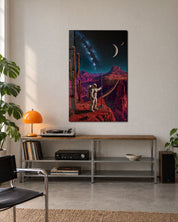 Red Canyon Rope Bridge glass wall art by Artdesigna, featuring a vibrant red bridge scene on a sleek glass panel.