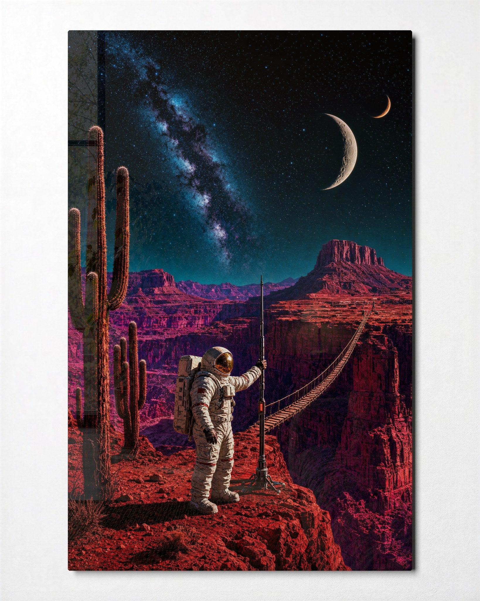 Red Canyon Rope Bridge glass wall art by Artdesigna featuring a detailed red and natural rope bridge scene on clear glass.