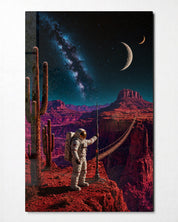 Red Canyon Rope Bridge glass wall art by Artdesigna featuring a detailed red and natural rope bridge scene on clear glass.