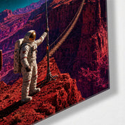 Red Canyon Rope Bridge glass wall art by Artdesigna, featuring a detailed depiction of a rope bridge scene on clear glass.