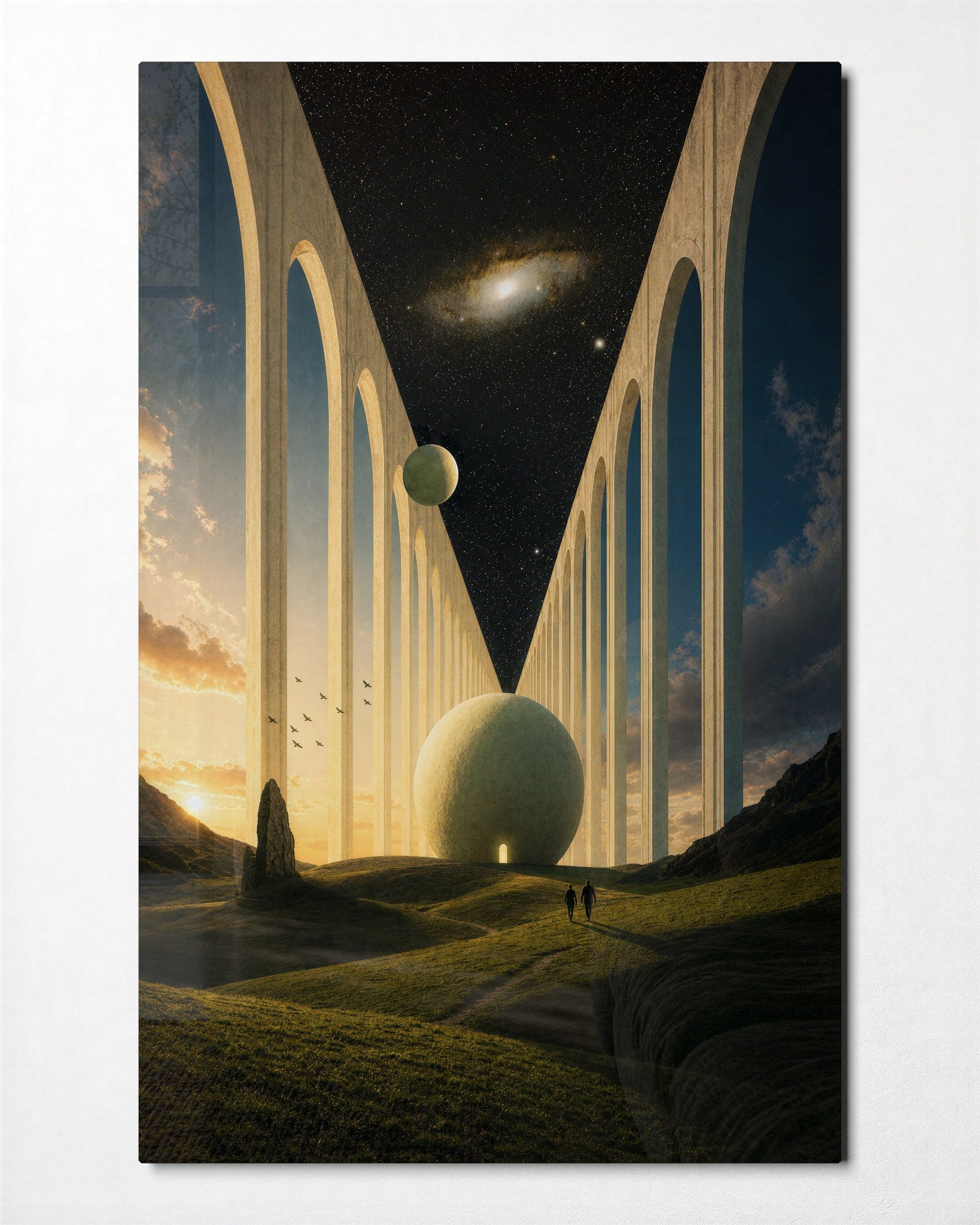 Pale Colonnade glass wall art by Artdesigna featuring abstract geometric design on clear glass for modern wall decor.