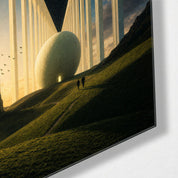 Pale Colonnade glass wall art by Artdesigna featuring intricate geometric patterns and clear glass design.