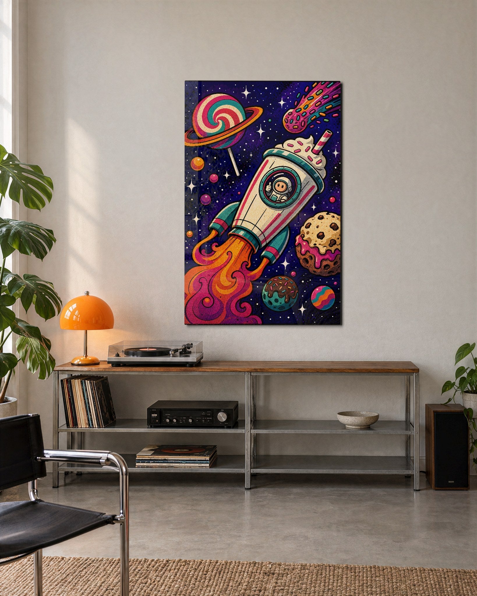 Candy Sky Voyage glass wall art by Artdesigna, lifestyle view