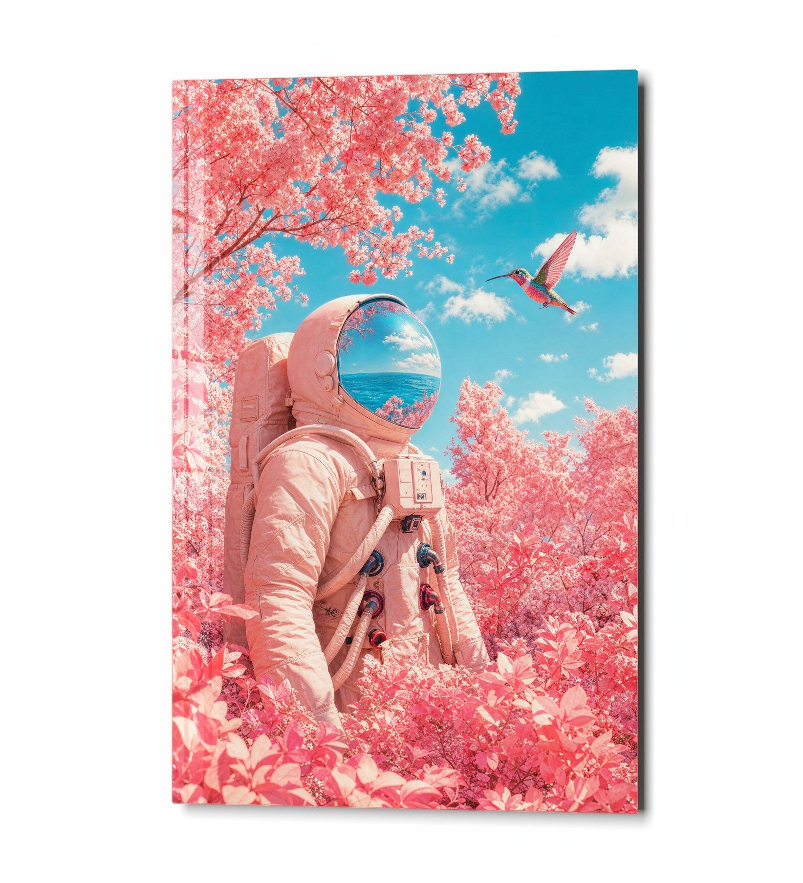 Glass wall art featuring an astronaut among roses by Artdesigna, showcasing a colorful, artistic glass wall decor piece.