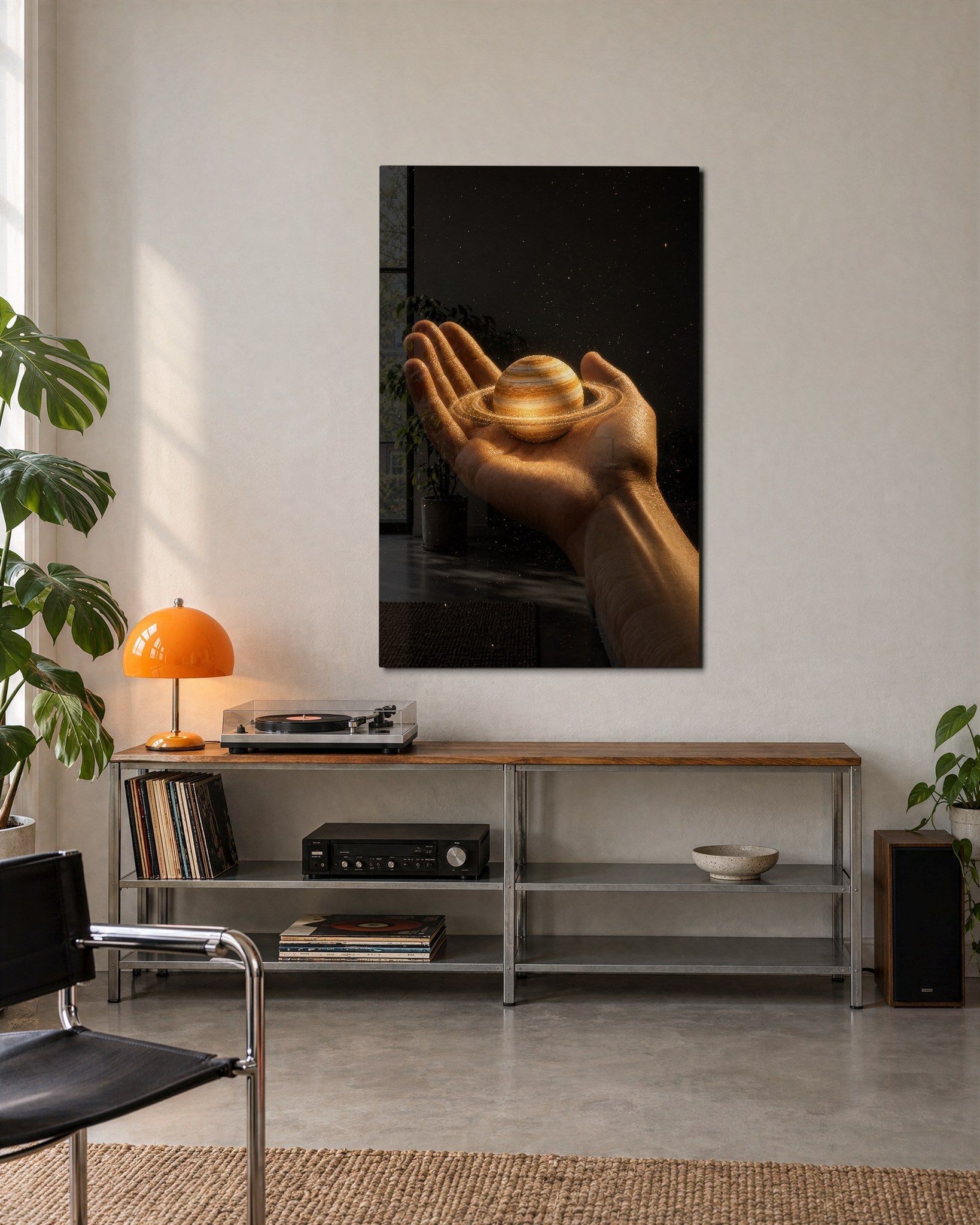 Glass wall art titled Saturn in the Palm by Artdesigna, featuring a vibrant glass depiction of Saturn in a stylish wall decor piece