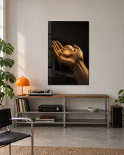 Glass wall art titled Saturn in the Palm by Artdesigna, featuring a vibrant glass depiction of Saturn in a stylish wall decor piece