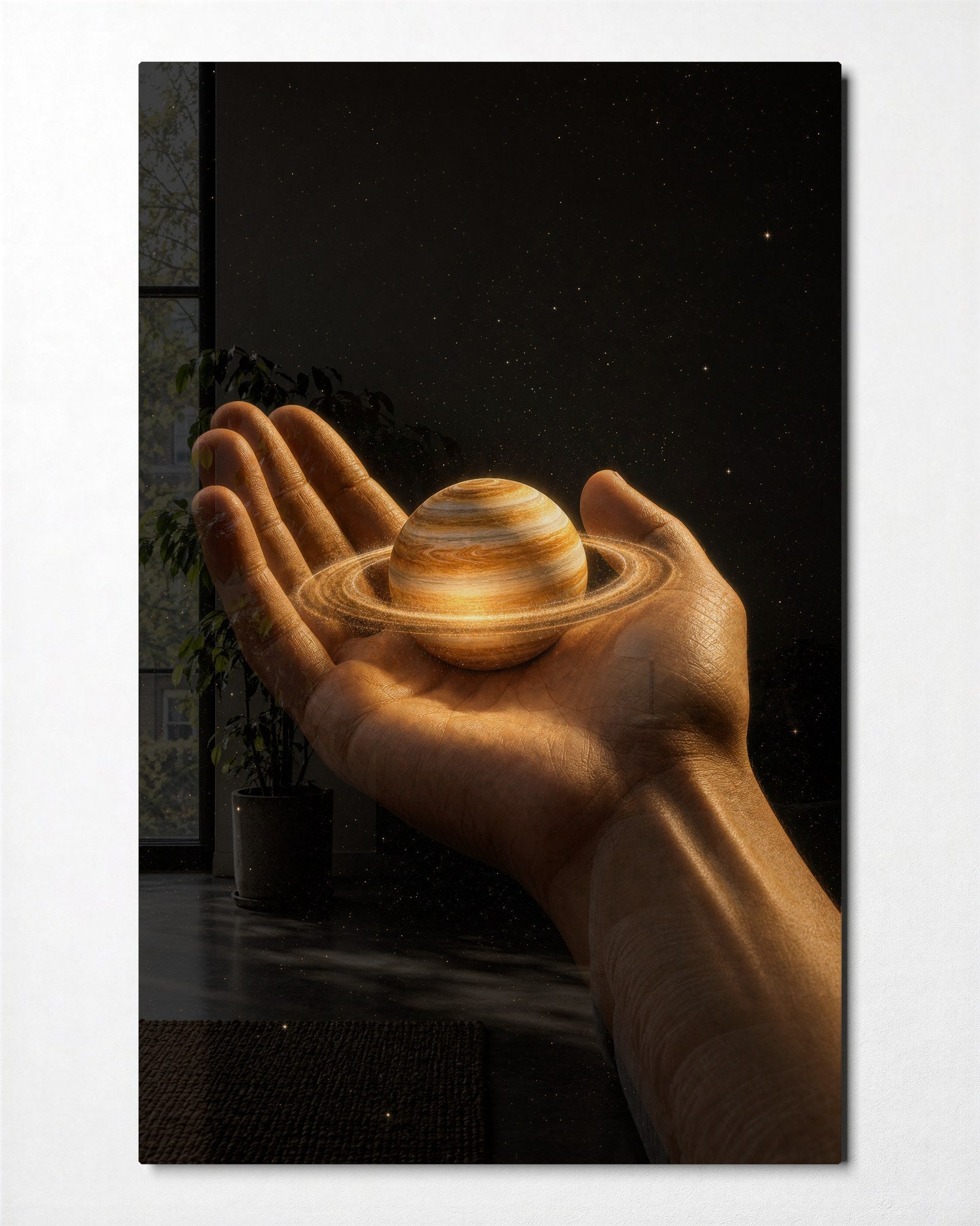 Glass wall art featuring a Saturn in the palm design by Artdesigna, showcasing detailed glass craftsmanship and vibrant colors.