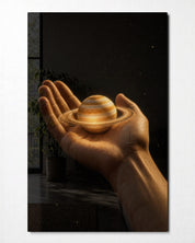 Glass wall art featuring a Saturn in the palm design by Artdesigna, showcasing detailed glass craftsmanship and vibrant colors.