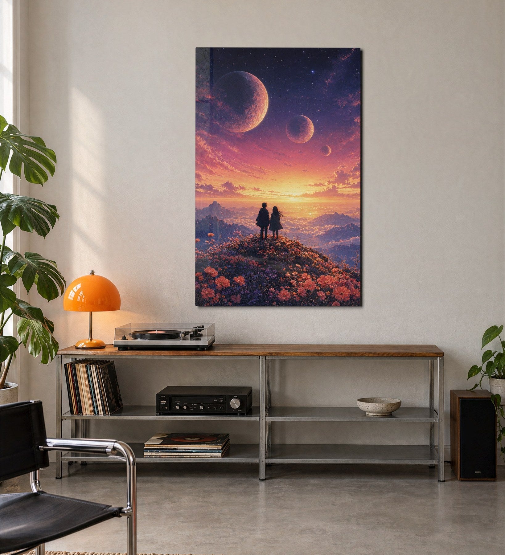 Elegant glass wall art panel from Artdesigna's Hilltop Pair collection, featuring a scenic mountain landscape design.