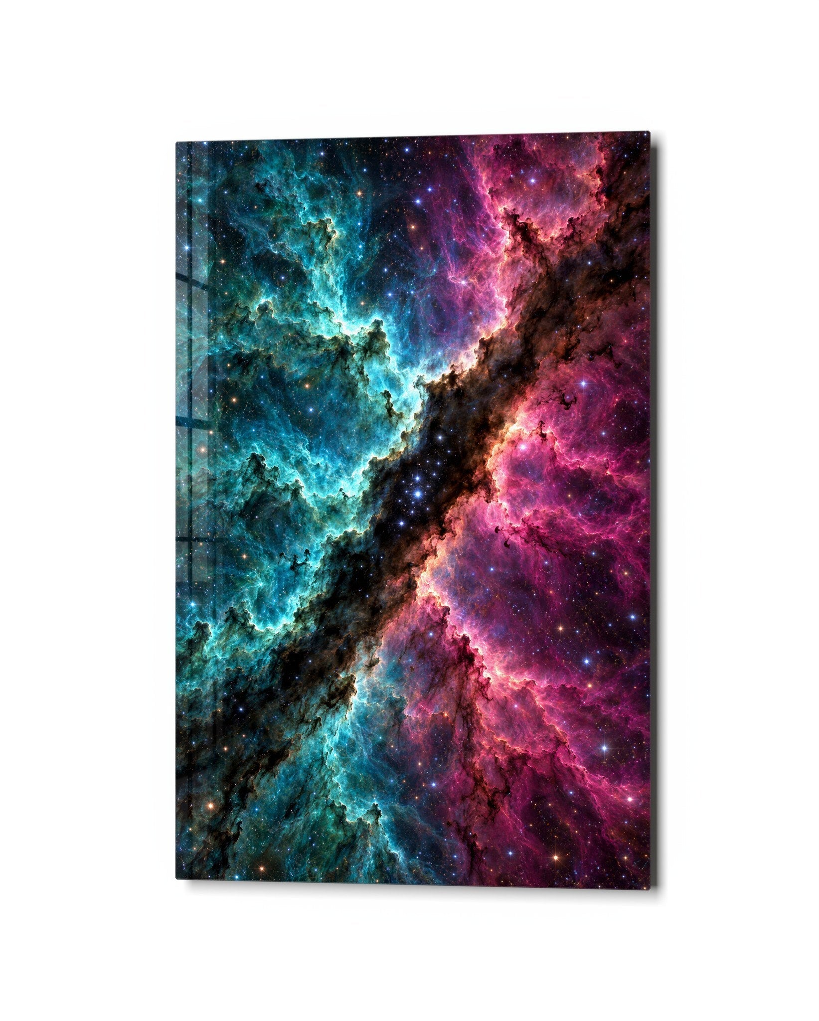 Divided Galaxy glass wall art by Artdesigna featuring abstract galaxy design on clear glass surface.