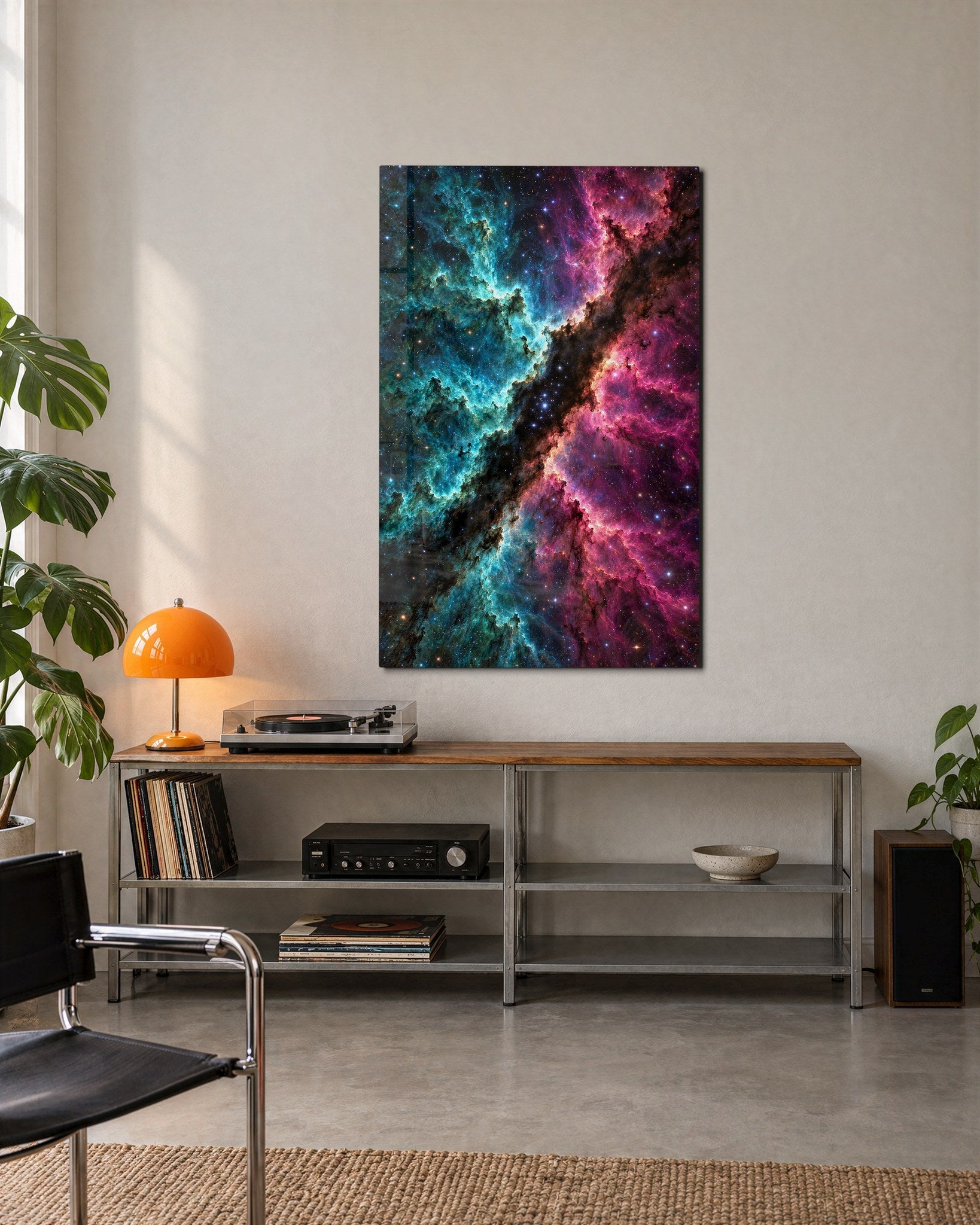 Artdesigna Divided Galaxy glass wall art displayed on a modern living room wall with vibrant galaxy design.