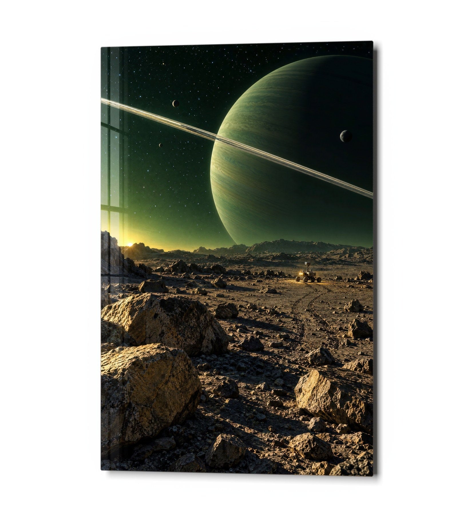 Greenish glass wall art by Artdesigna featuring abstract world-inspired design, displayed in a modern studio setting.