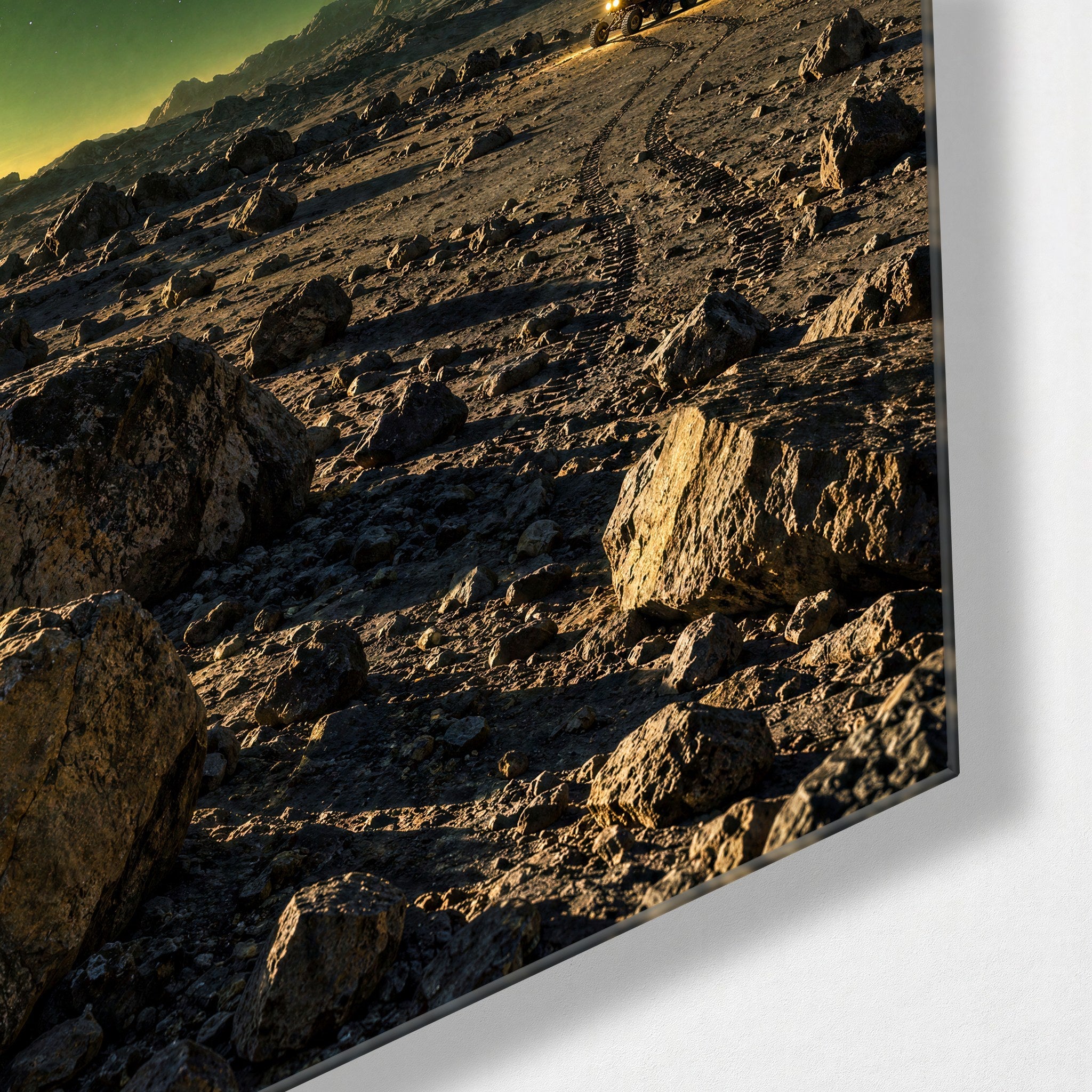 Greenish glass wall art by Artdesigna featuring abstract world loom design, mounted on a wall with corner view.