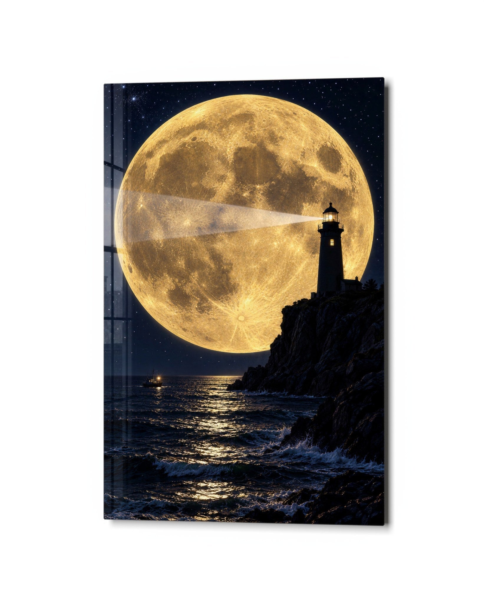 Beam Toward a Yellow Giant glass wall art by Artdesigna, studio view