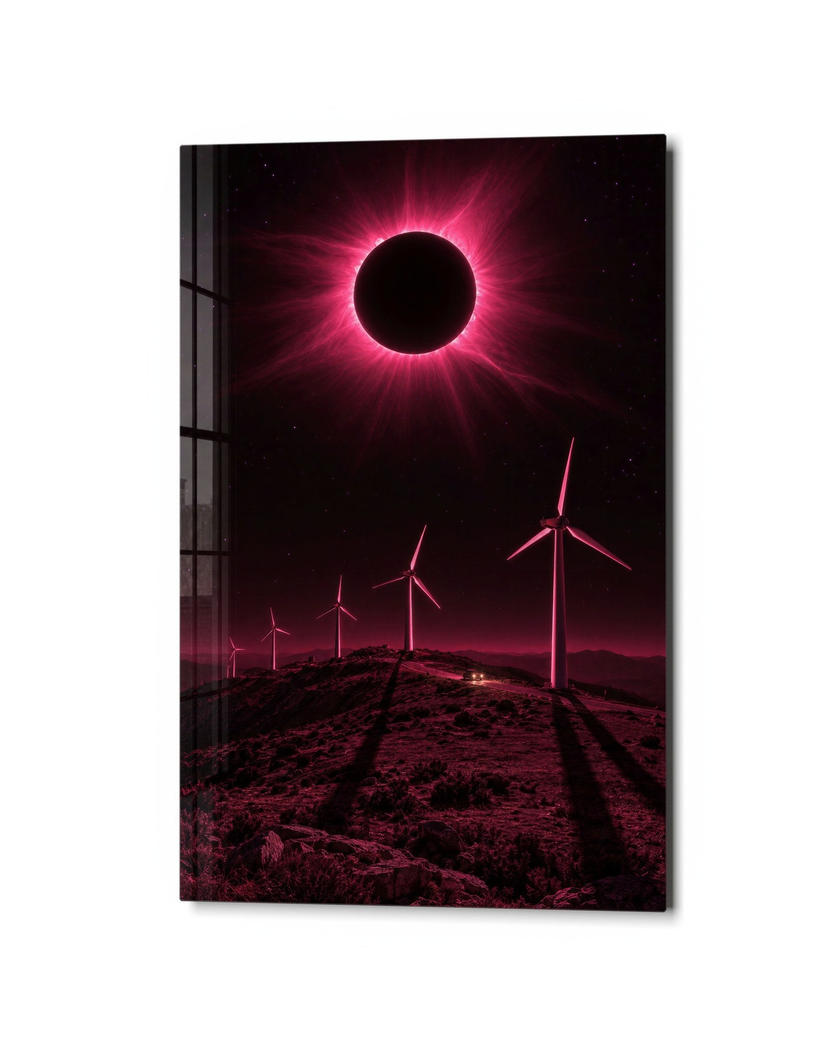 Pink Sky glass wall art by Artdesigna featuring slow-blade design with vibrant pink hues and abstract glass artwork.