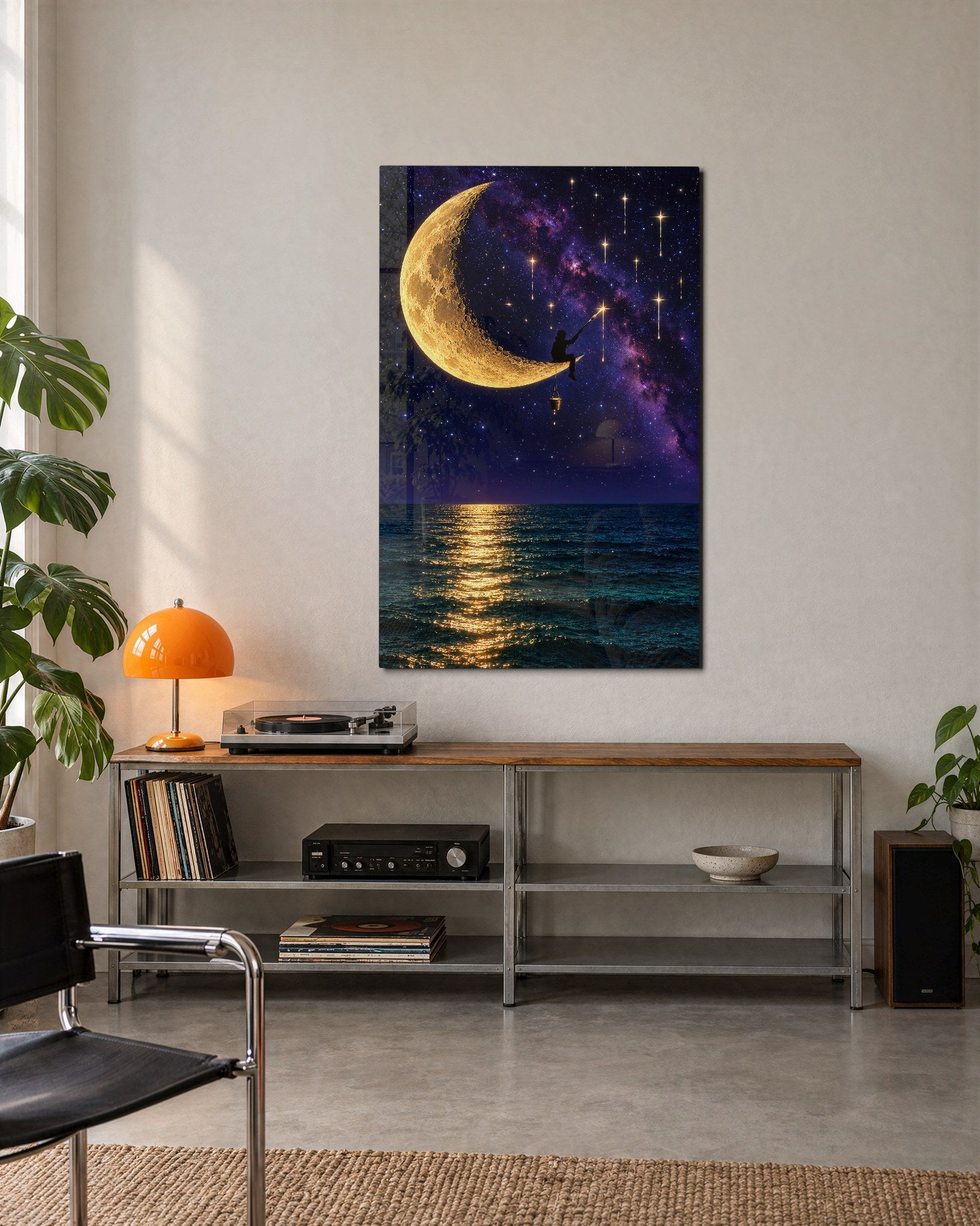 Artdesigna glass wall art featuring a star casting design, displayed on a modern interior wall for stylish home decor.