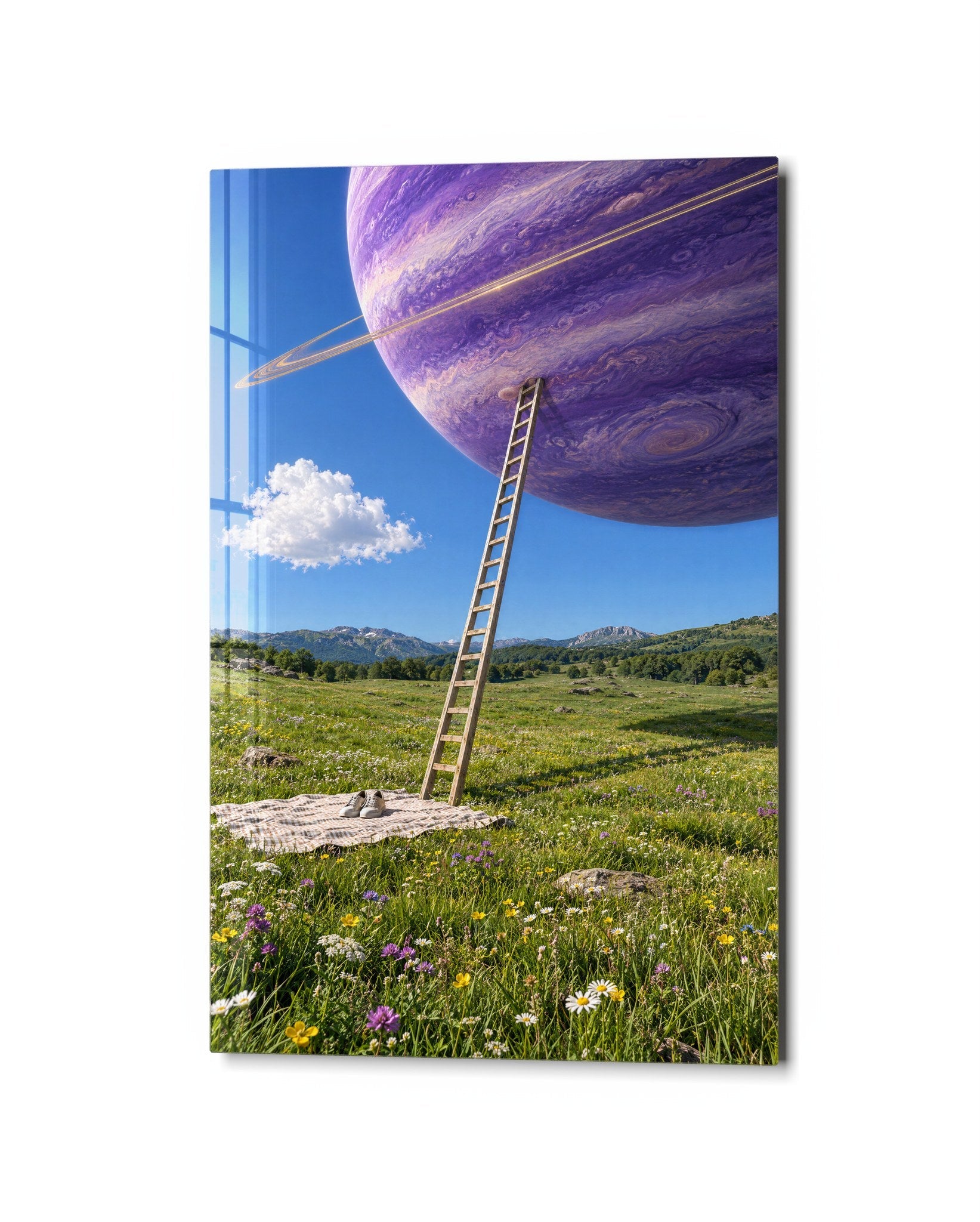 Glass wall art titled "Climb Toward a Purple World" by Artdesigna, showcasing vibrant purple hues and intricate glass design.