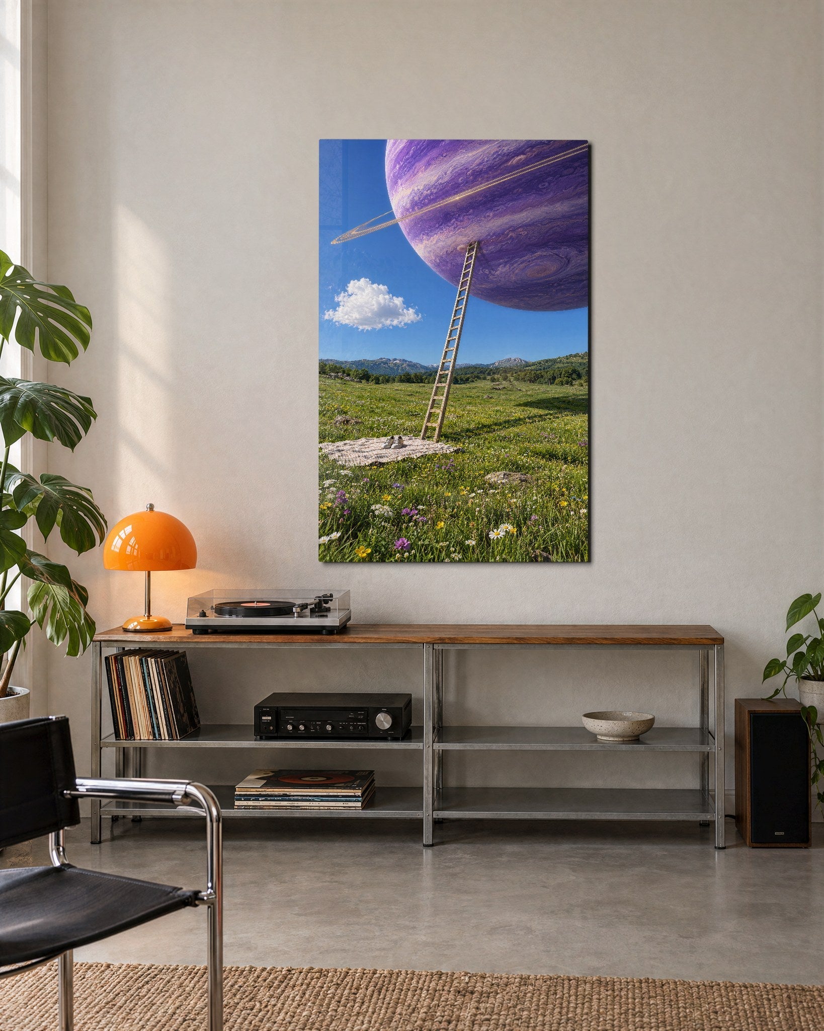 Glass wall art titled "Climb Toward a Purple World" by Artdesigna featuring vibrant purple hues and abstract mountain design.