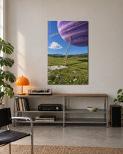 Glass wall art titled "Climb Toward a Purple World" by Artdesigna featuring vibrant purple hues and abstract mountain design.