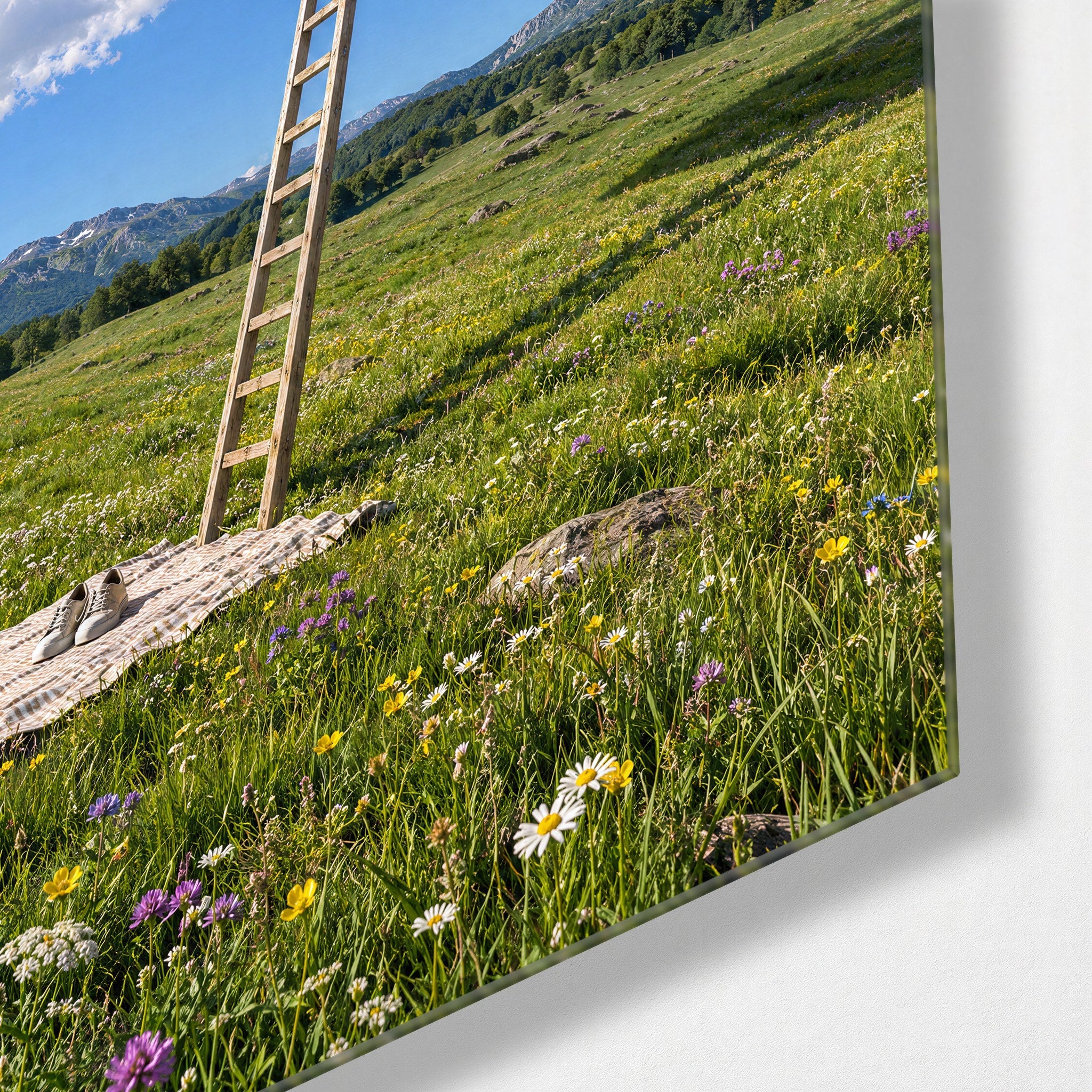 Glass wall art titled "Climb Toward a Purple World" by Artdesigna featuring vibrant purple hues and abstract climbing design.