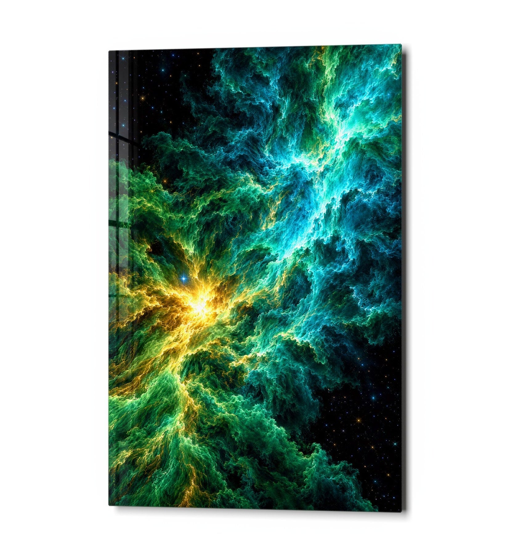 Glass wall art featuring golden heart and gas cloud design by Artdesigna, with vibrant colors and textured glass details.
