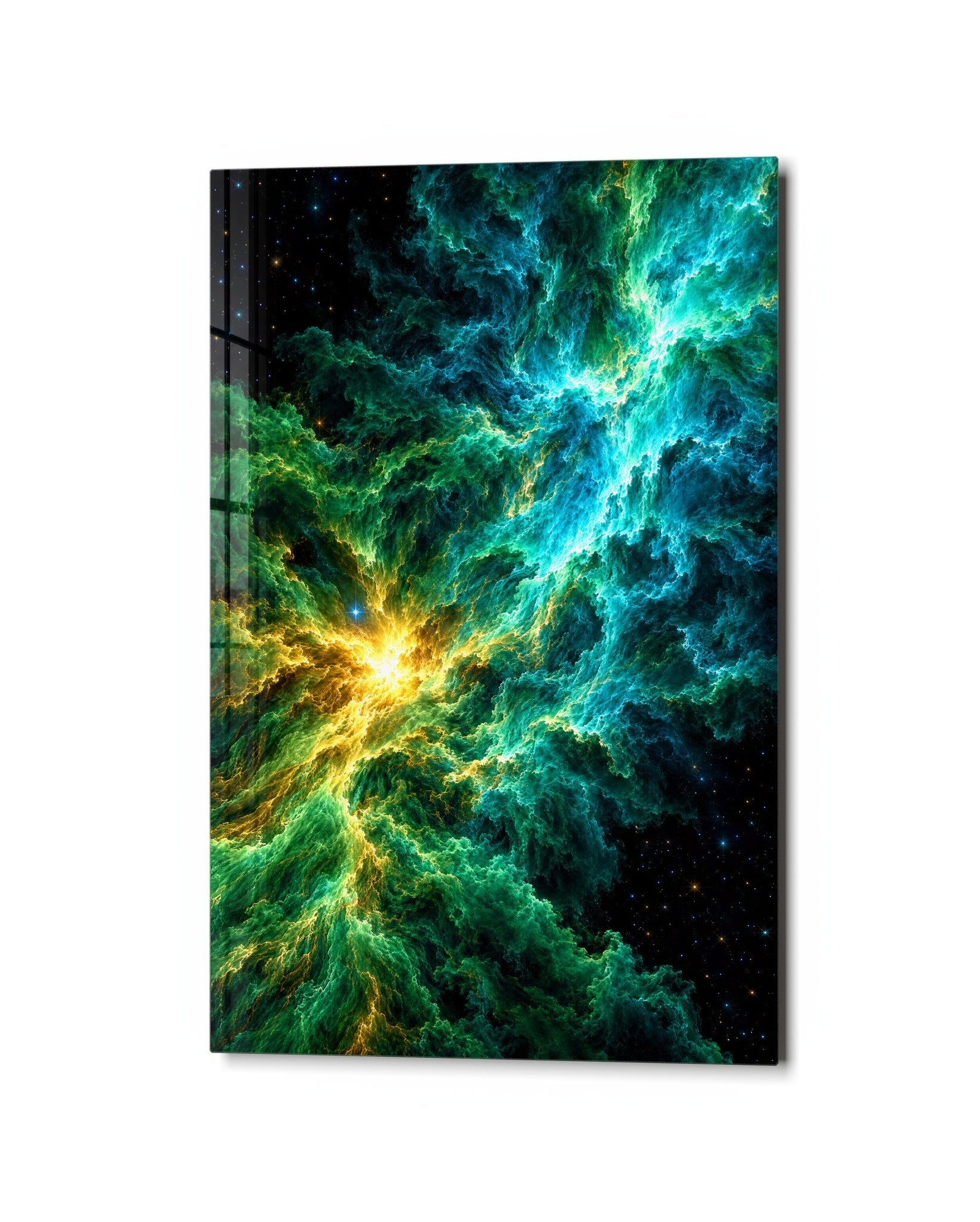 Glass wall art featuring golden heart and gas cloud design by Artdesigna, with vibrant colors and textured glass details.
