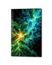 Glass wall art featuring golden heart and gas cloud design by Artdesigna, with vibrant colors and textured glass details.