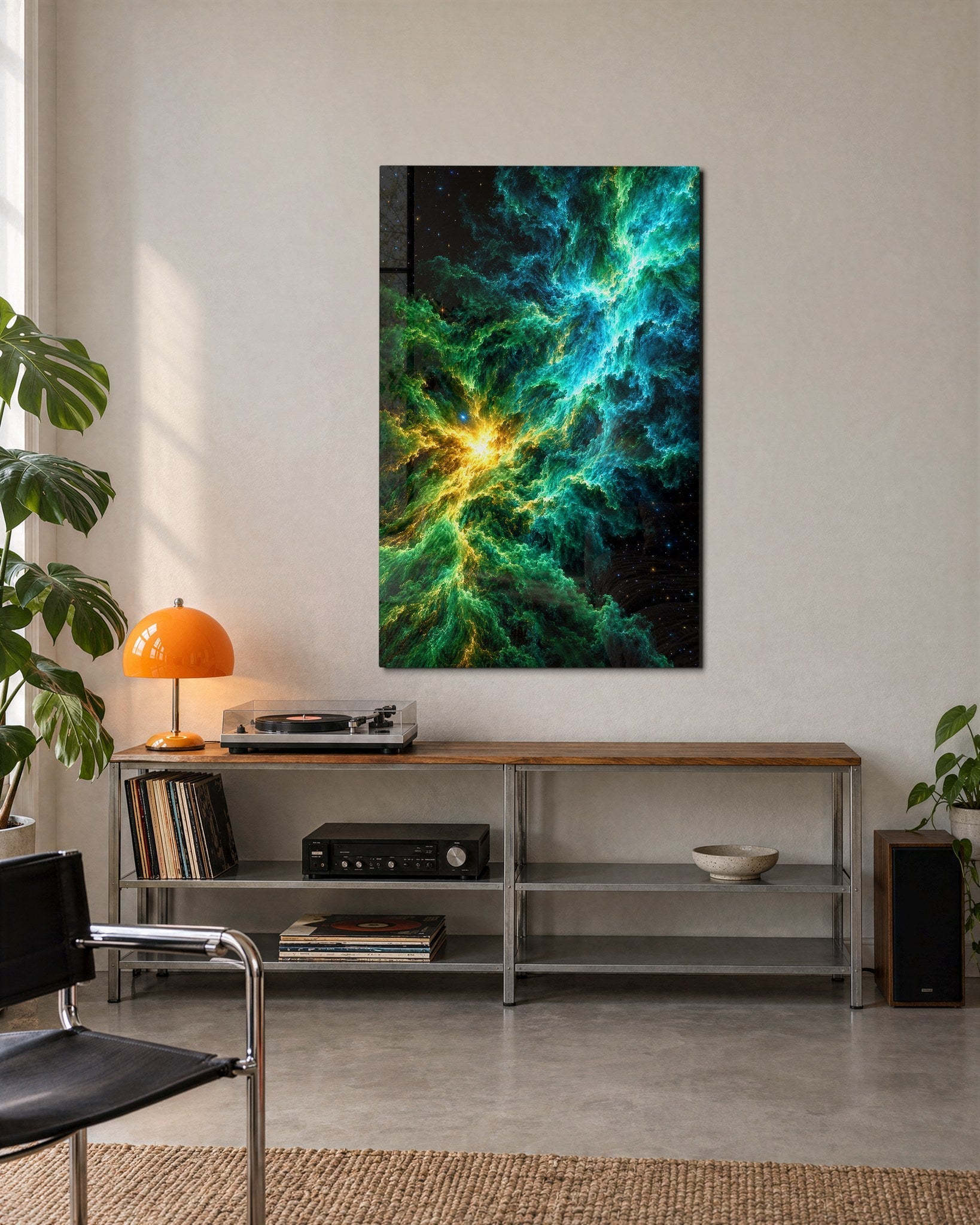 Golden Heart glass wall art featuring gas cloud design by Artdesigna, mounted on a wall with vibrant, abstract glass artwork.