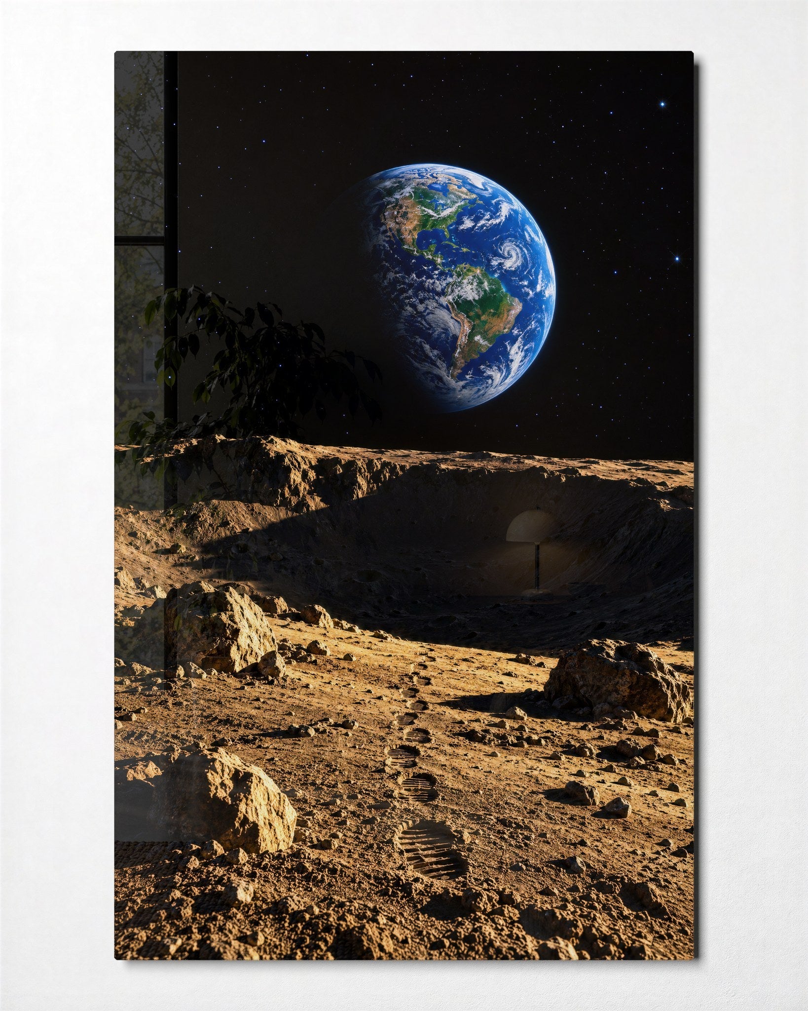 Footprints, Moon Dust glass wall art by Artdesigna, front view