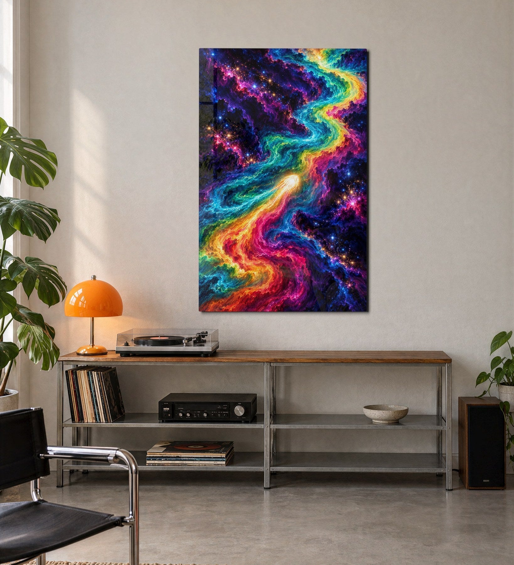 Colors Racing the Cosmos glass wall art by Artdesigna featuring vibrant, abstract cosmic design on a clear glass panel.