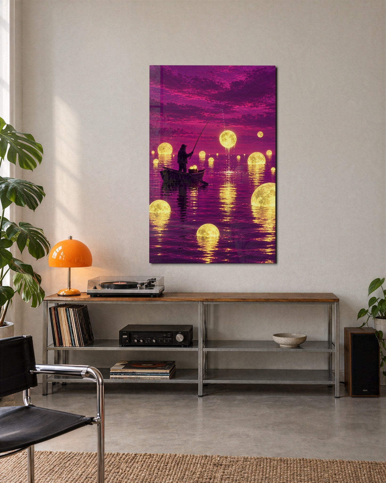 Night Angler glass wall art by Artdesigna, lifestyle view