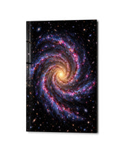 Glass wall art titled "A Galaxy Takes Its Time" by Artdesigna, featuring a cosmic galaxy design on clear glass.