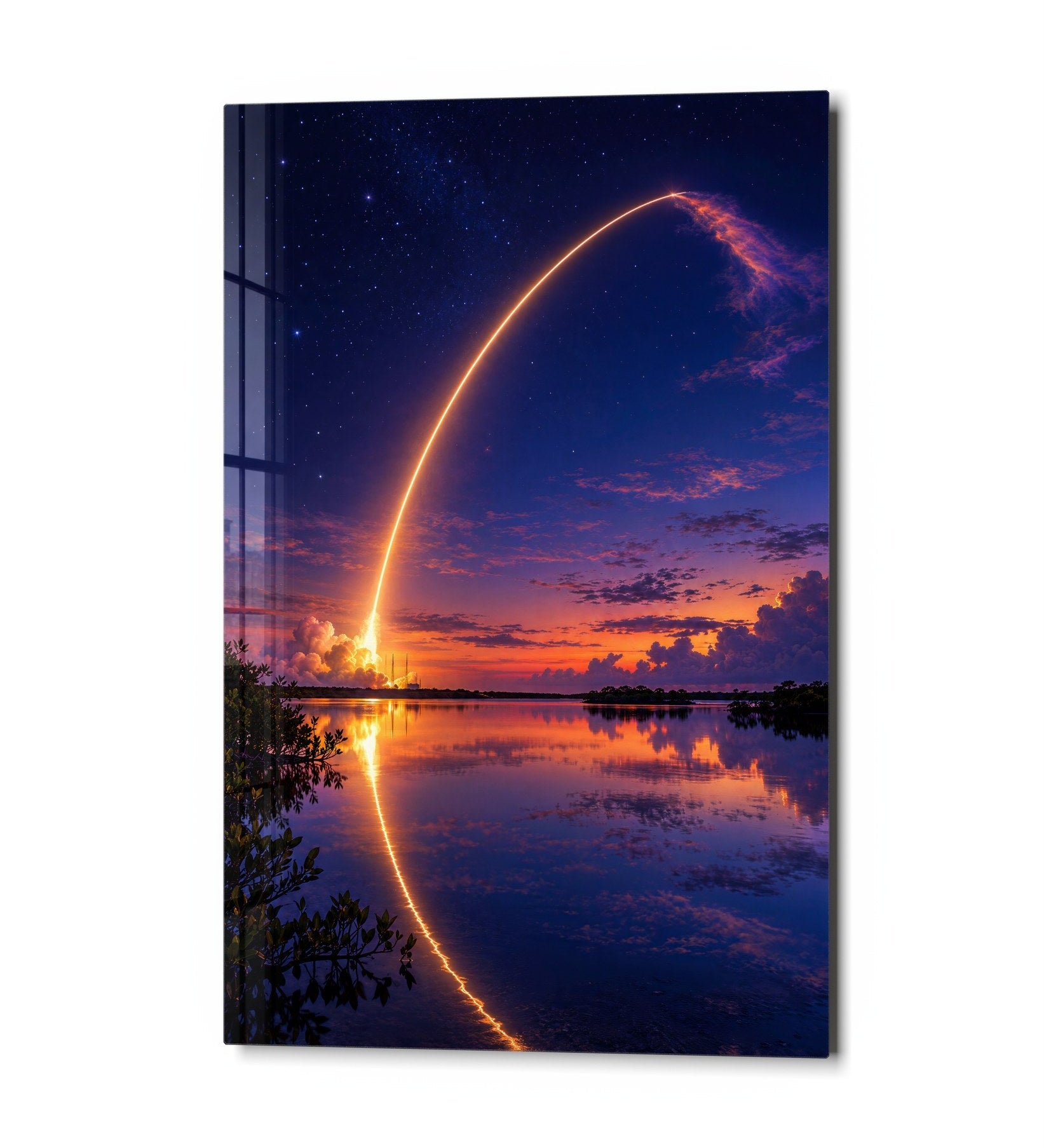 Glass wall art titled Lift-Off at Twilight by Artdesigna featuring vibrant, colorful abstract design on clear glass panel.